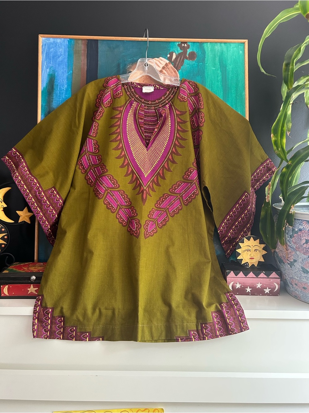 Dashiki Tunic Top Olive Green Purple African Print Cotton Boho Kaftan